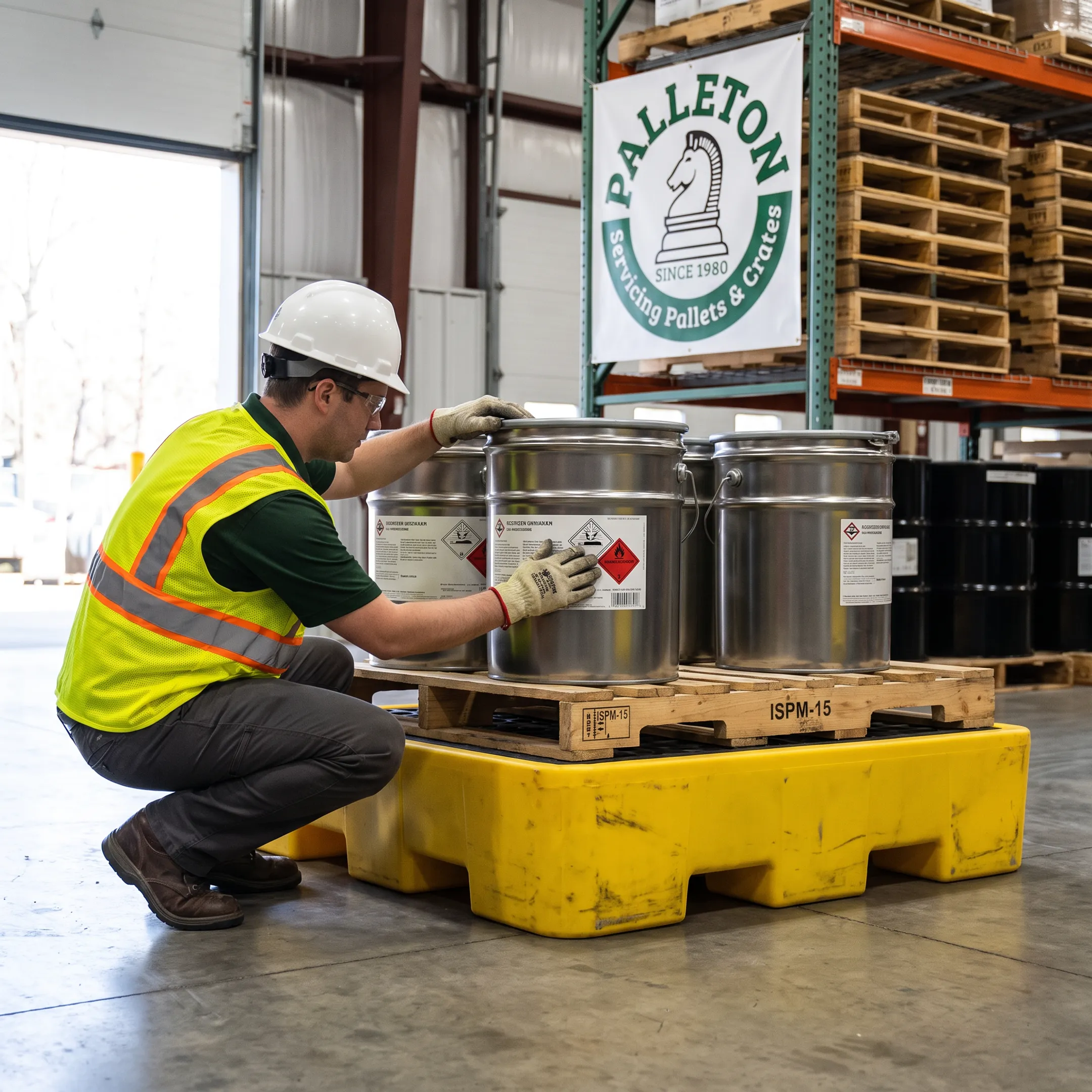 Worker inspecting drums on a containment pallet