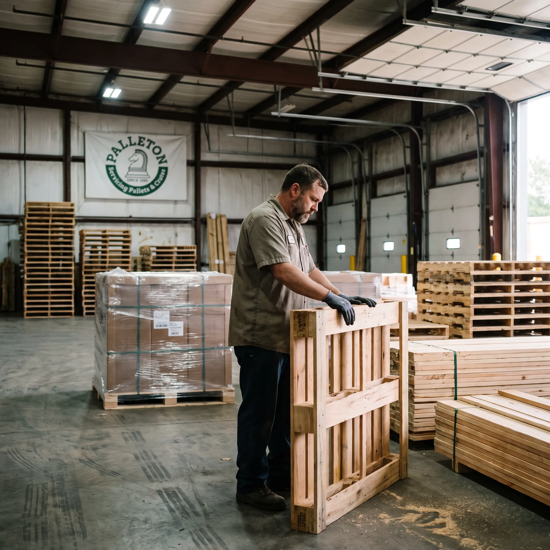 Pallet specialist reviewing custom shipping pallet