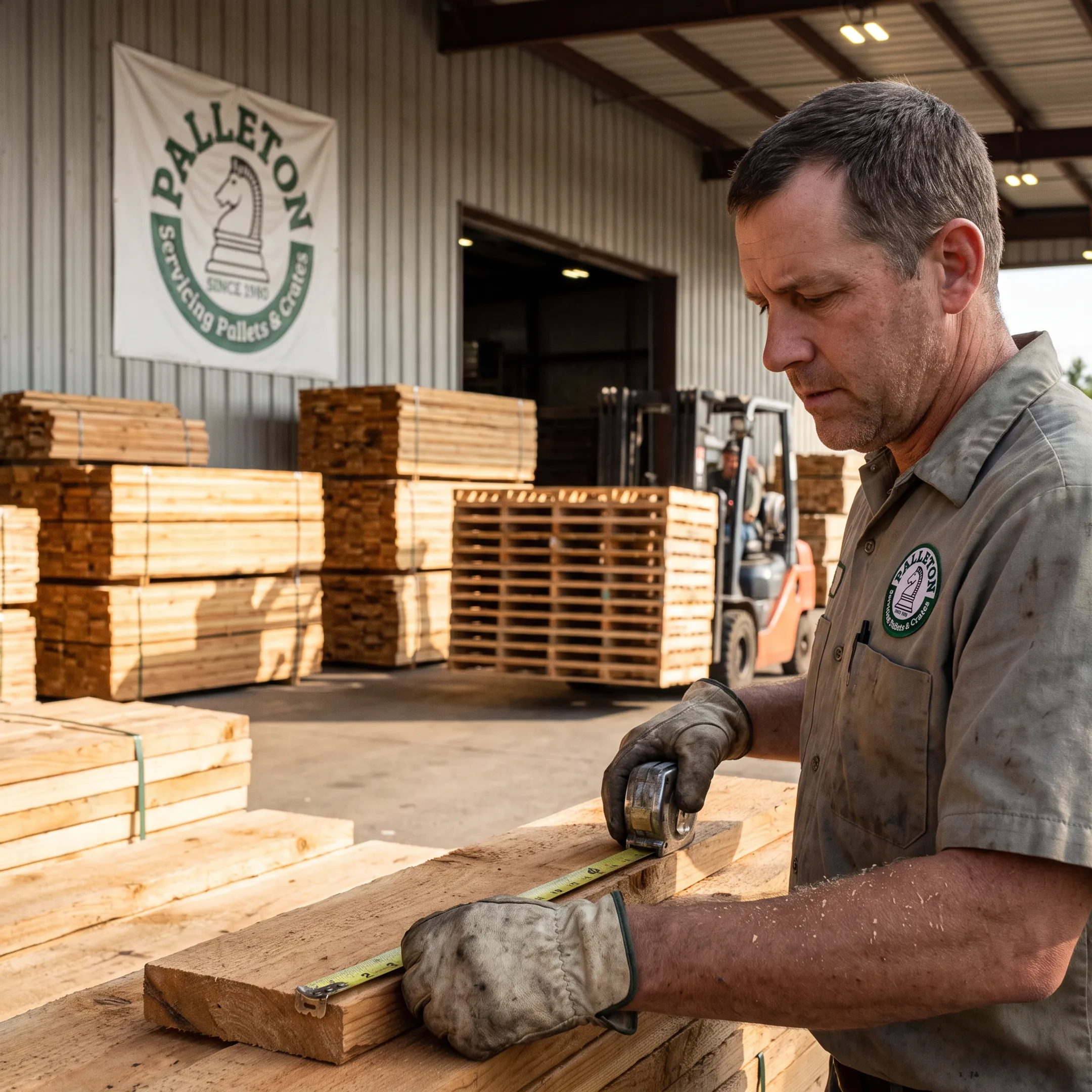 Worker measuring dimensional lumber stock