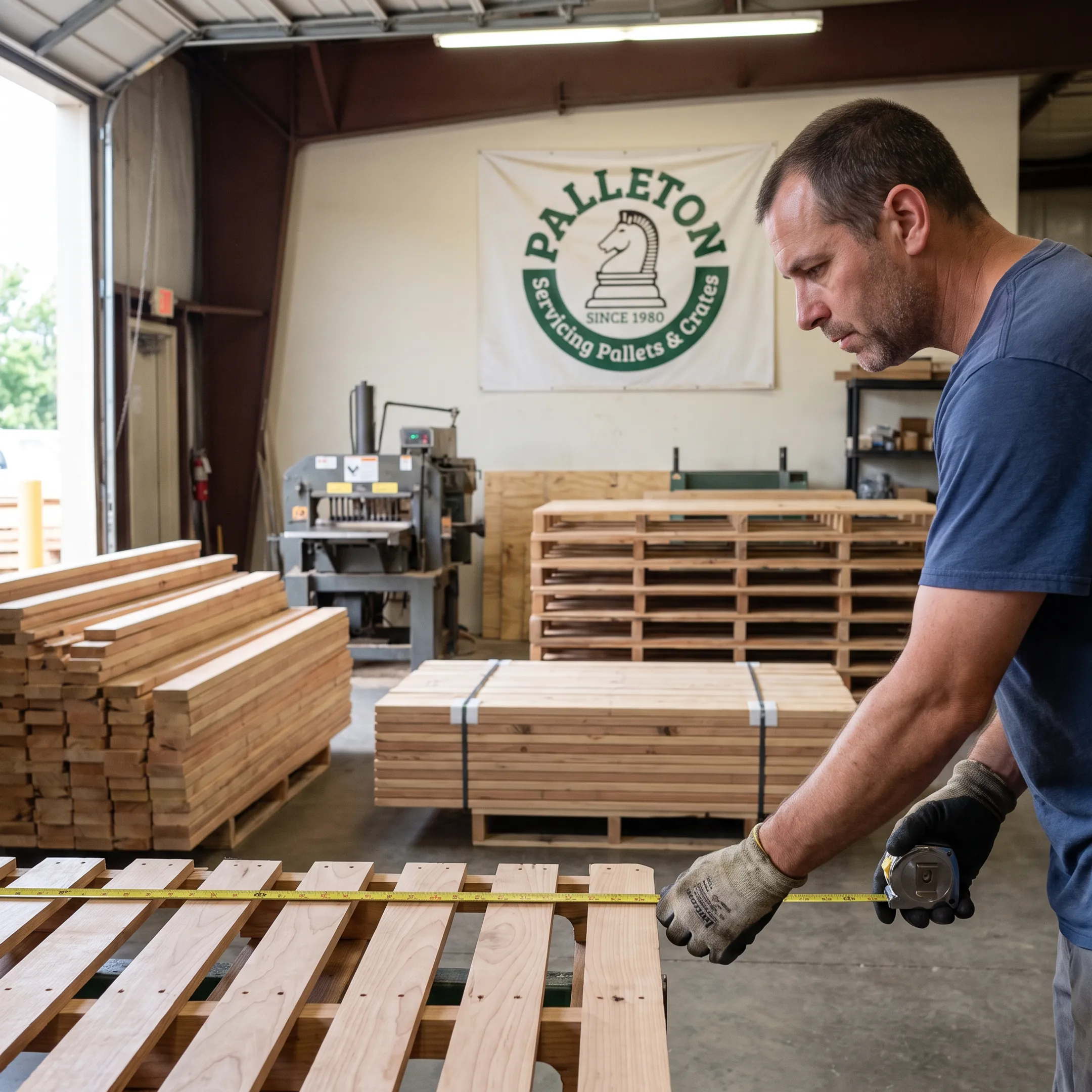 Worker inspecting a custom pallet for an industrial load