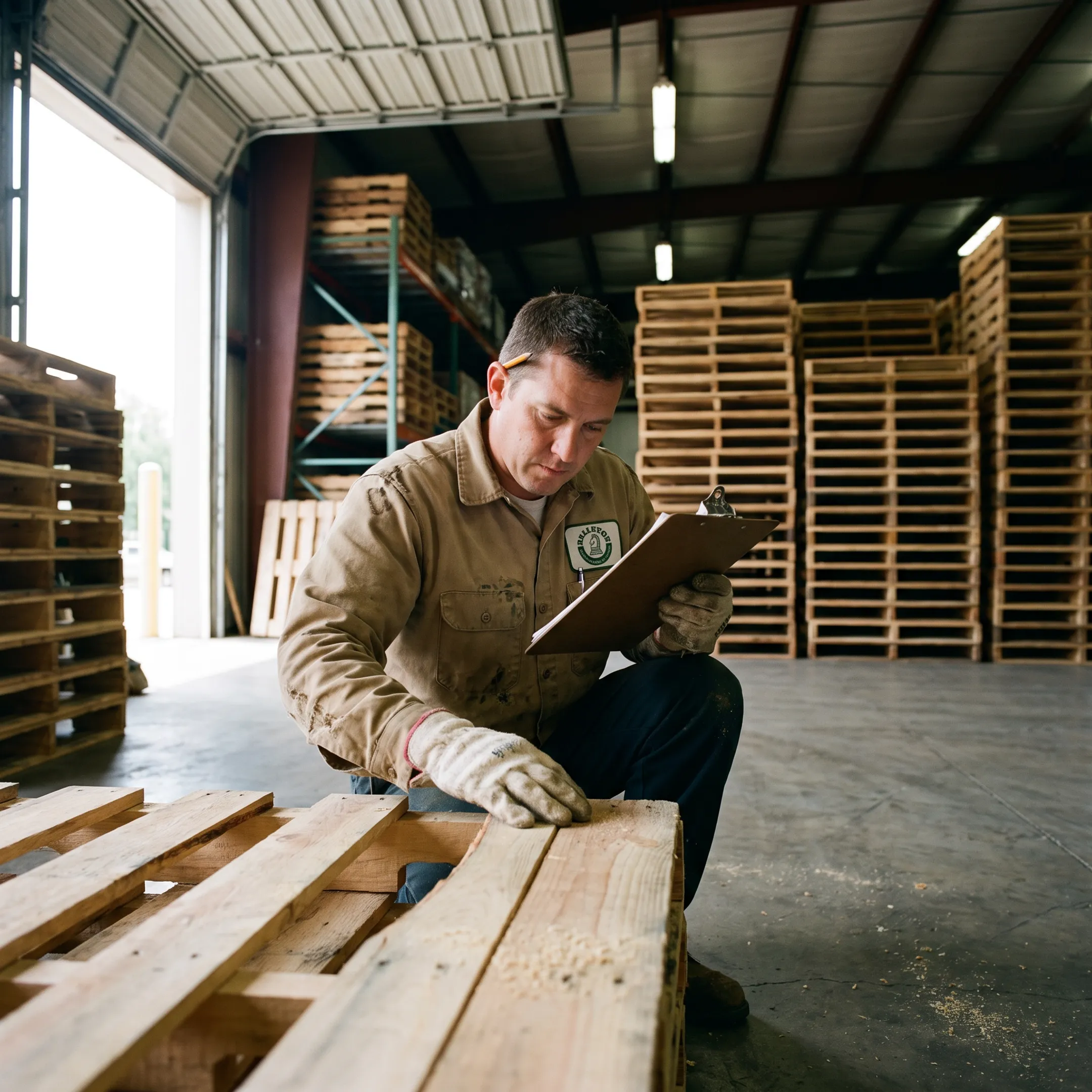Pallet professional inspecting reusable wood pallets