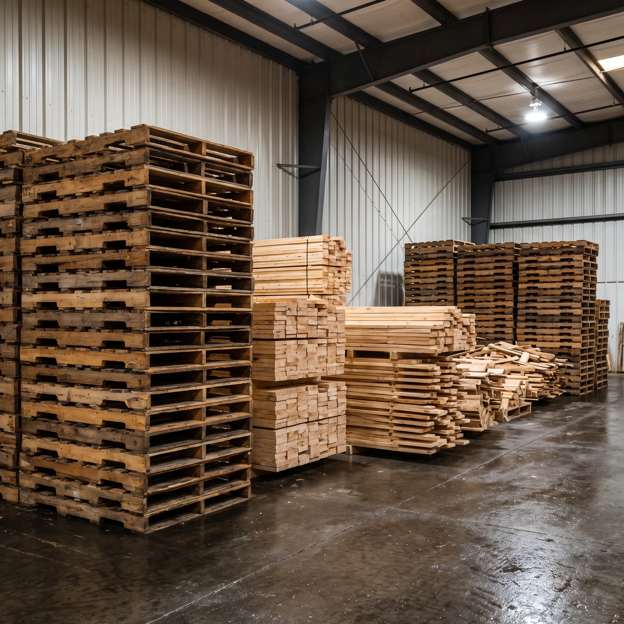 Recycled wooden pallets and recovered wood materials at a pallet facility