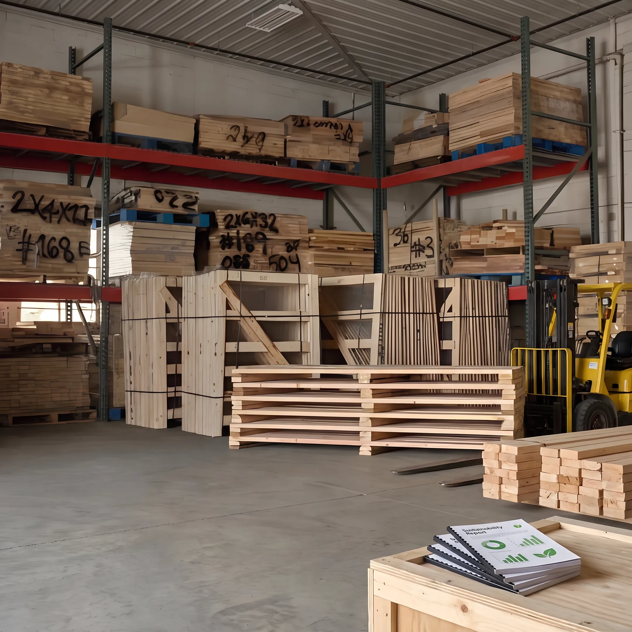 Sustainability report beside recycled pallets and wood products