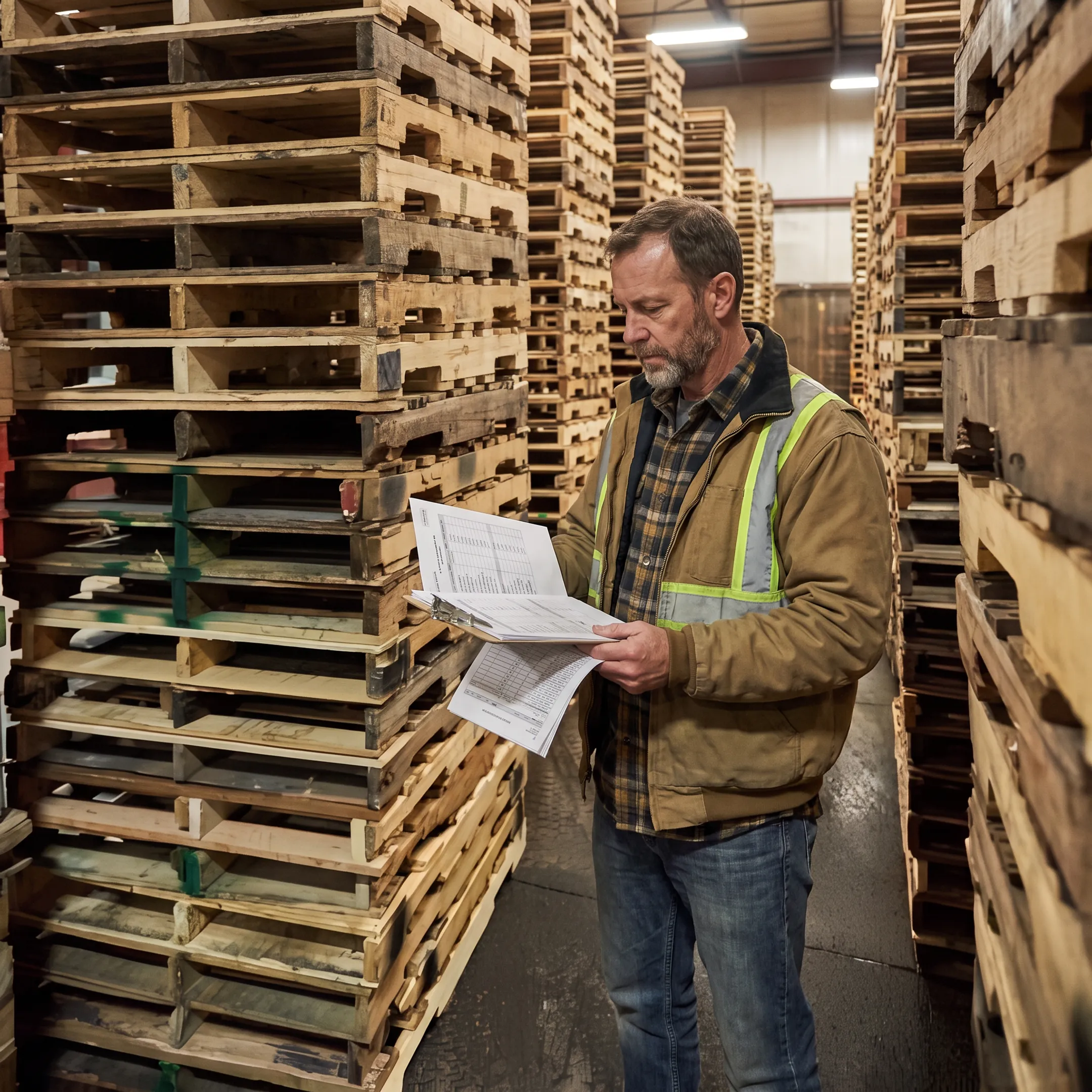 Pallet management specialist reviewing inventory and shipment information