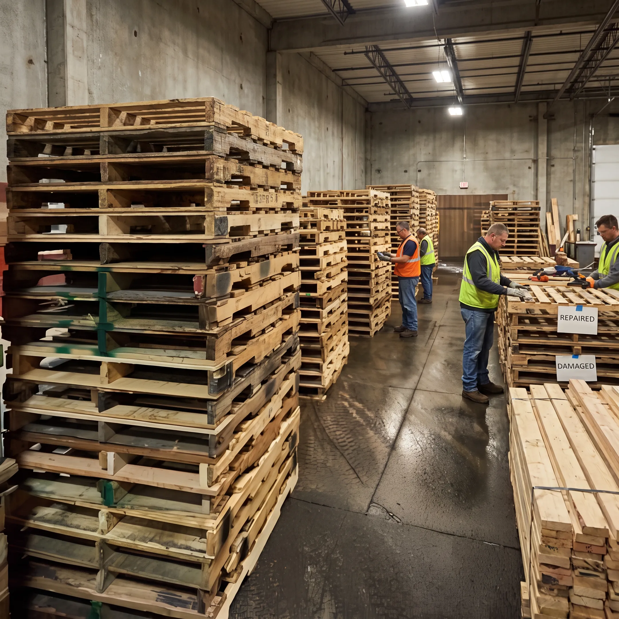 Recovered pallets organized inside a pallet processing facility
