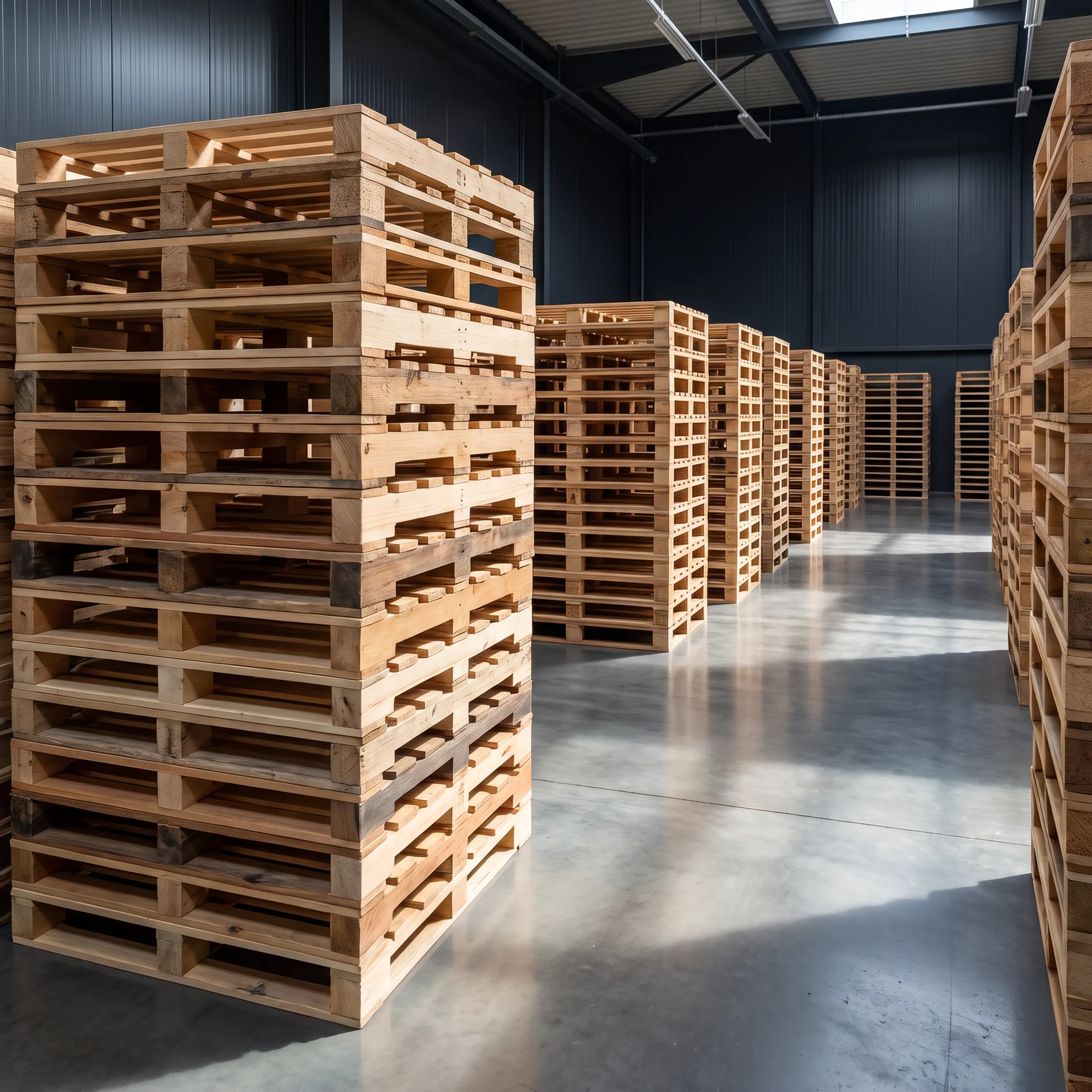 Repaired wooden pallets stacked for return to a customer supply chain
