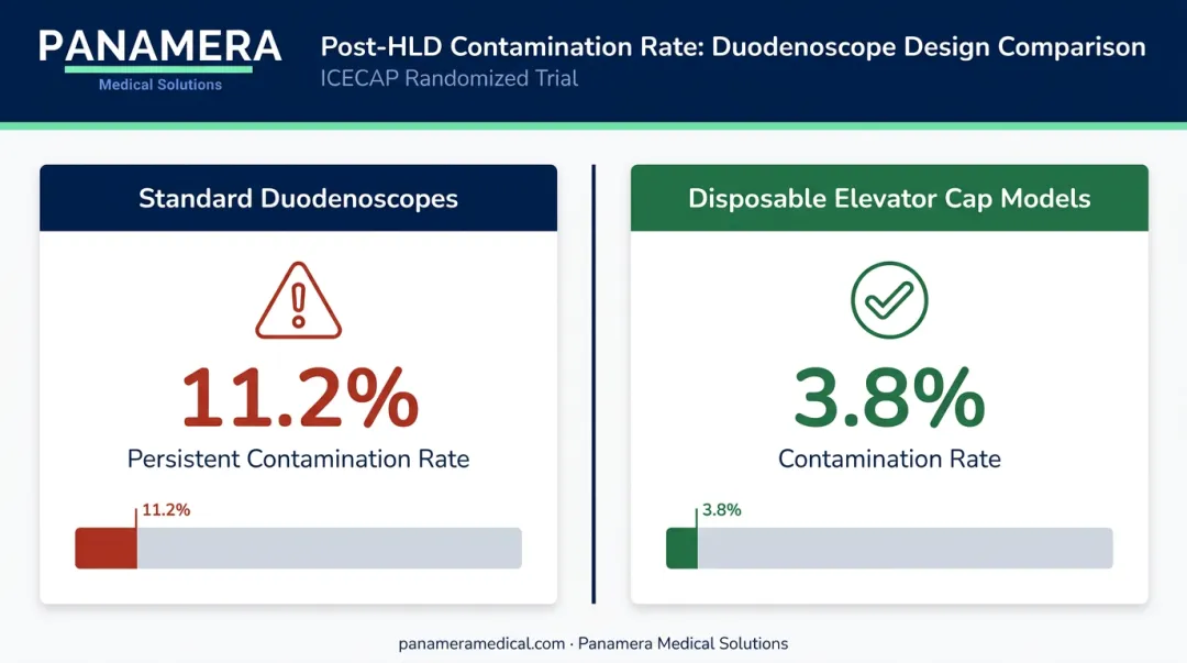 Standard versus disposable elevator cap duodenoscope contamination rate comparison infographic