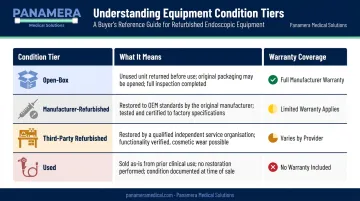 Four-tier refurbished product types comparison chart with warranty status