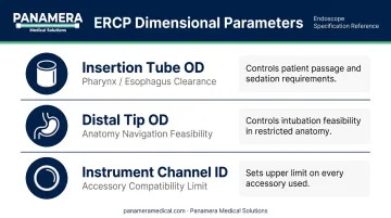 Three ERCP scope diameter parameters and their procedural functions comparison infographic