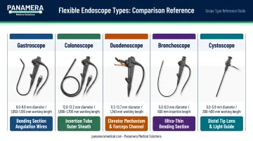 Flexible endoscope types comparison chart showing gastroscope colonoscope duodenoscope bronchoscope key specifications and stress points