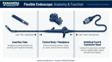 Three-section flexible endoscope architecture diagram showing insertion tube control body and umbilical cord