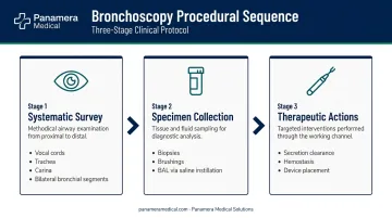 Three-stage flexible bronchoscopy procedural sequence from survey to intervention