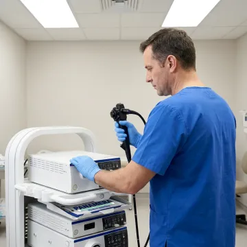 Medical equipment specialist evaluating used endoscope