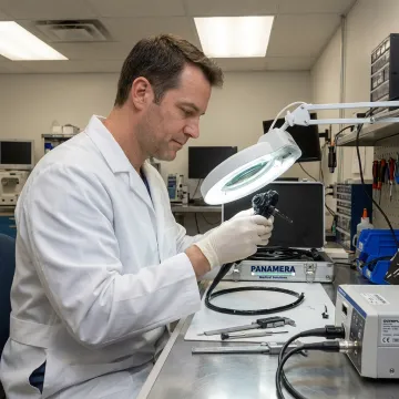 Technician repairing medical endoscope equipment