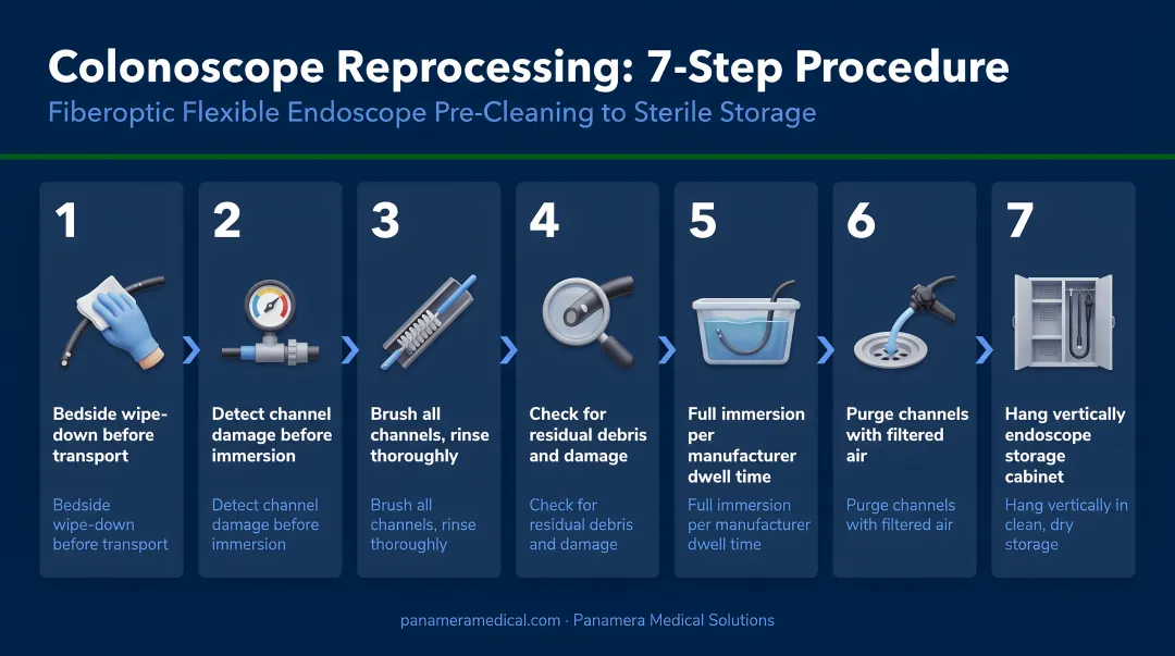 Seven-step fiberoptic colonoscope reprocessing sequence from pre-cleaning to sterile storage