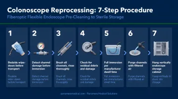 Seven-step fiberoptic colonoscope reprocessing sequence from pre-cleaning to sterile storage