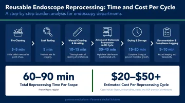 Reusable endoscope reprocessing burden showing steps time and cost per cycle