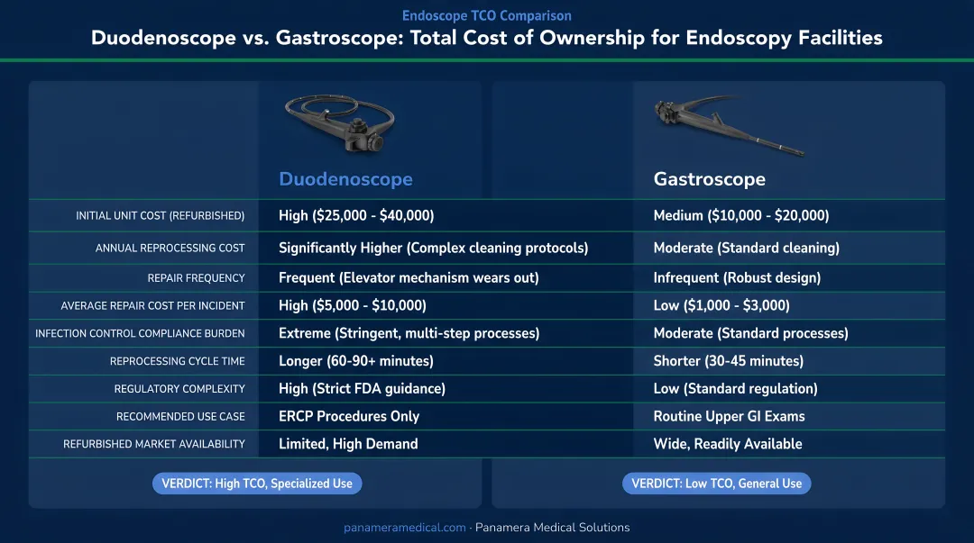 Duodenoscope versus gastroscope total cost of ownership comparison for endoscopy facilities