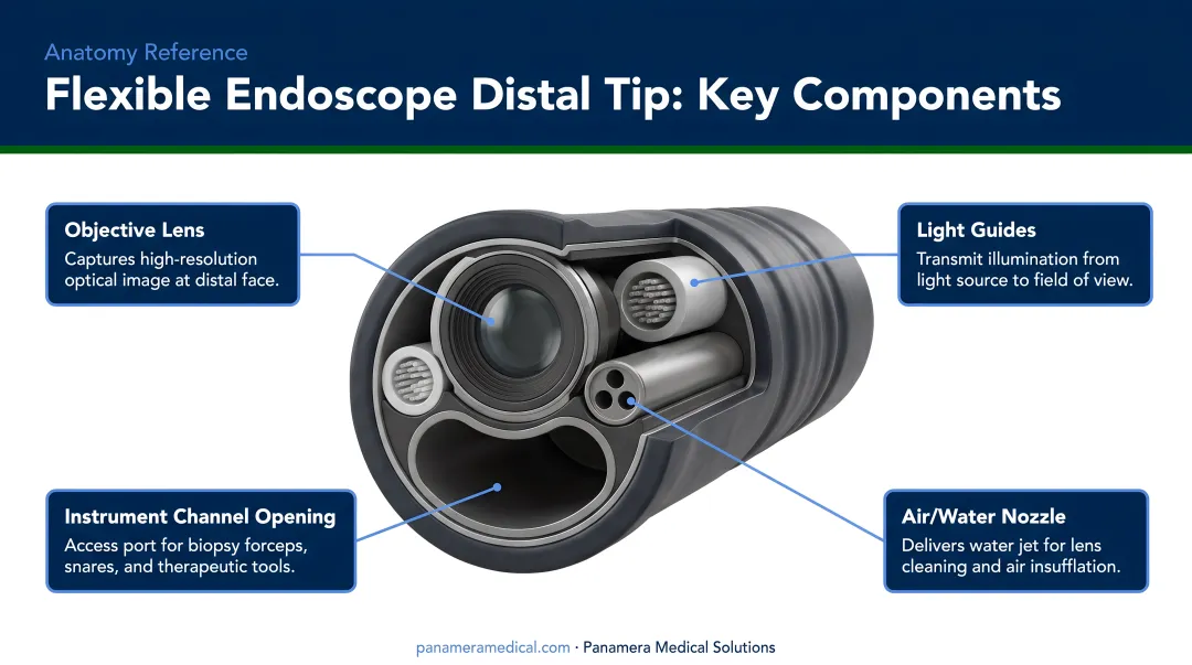 Flexible endoscope distal tip components diagram showing objective lens light guides nozzles and instrument channel