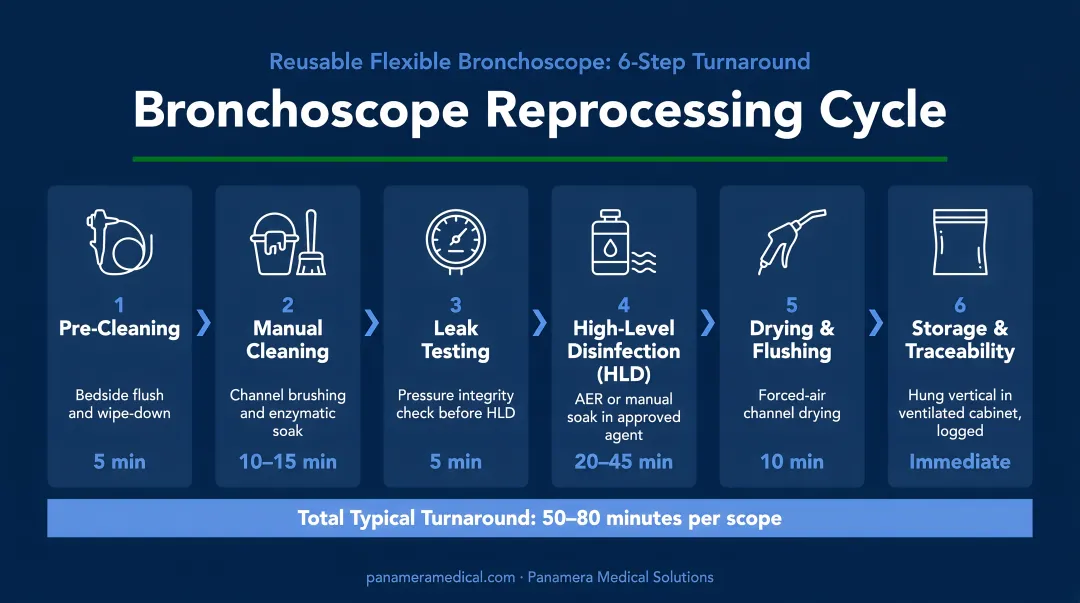 Six-step reusable bronchoscope reprocessing cycle with total turnaround time breakdown