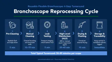 Six-step reusable bronchoscope reprocessing cycle with total turnaround time breakdown