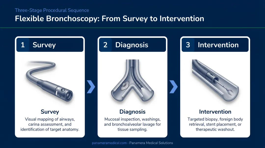 Three-stage flexible bronchoscopy procedural sequence from survey to intervention