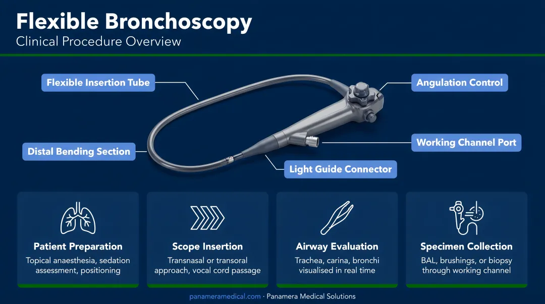 Pulmonologist performing flexible bronchoscopy procedure in clinical bronchoscopy suite