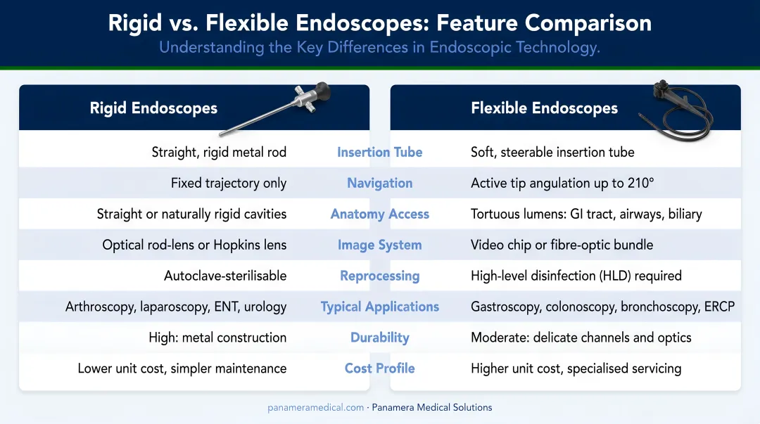 Rigid versus flexible endoscope side-by-side feature comparison infographic