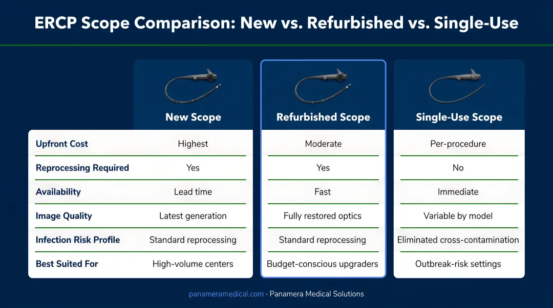 Three-way ERCP scope comparison chart new refurbished and single-use options
