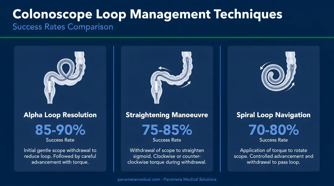 Three colonoscope loop management techniques with success rates comparison infographic