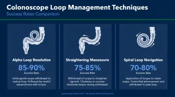 Three colonoscope loop management techniques with success rates comparison infographic