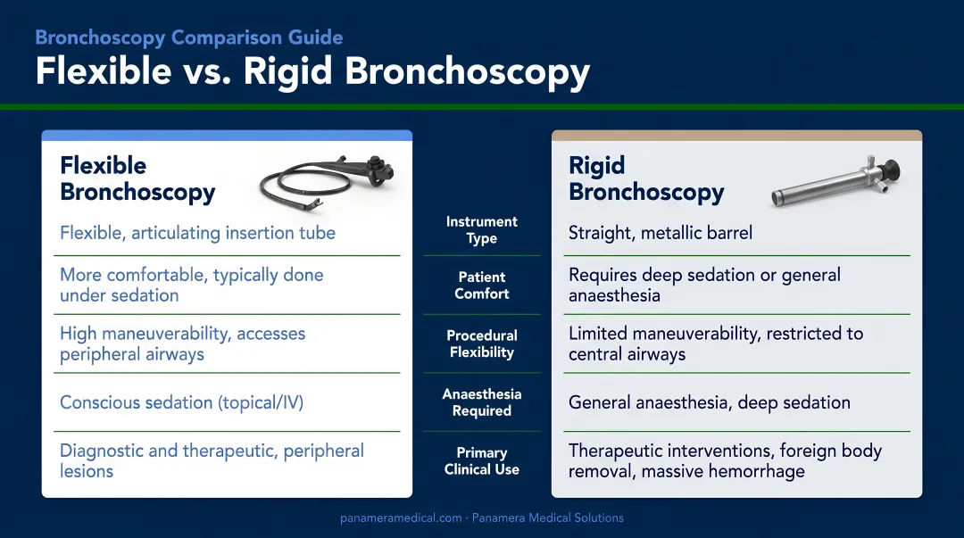 Flexible versus rigid bronchoscopy five-feature side-by-side comparison infographic