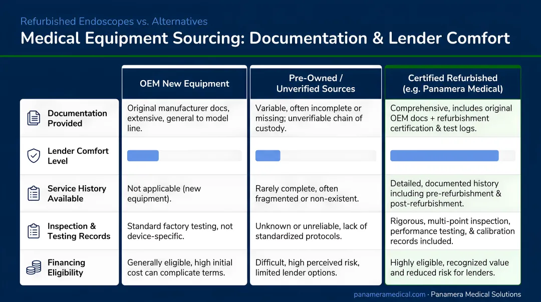 Three medical equipment sourcing categories compared by documentation and lender comfort level