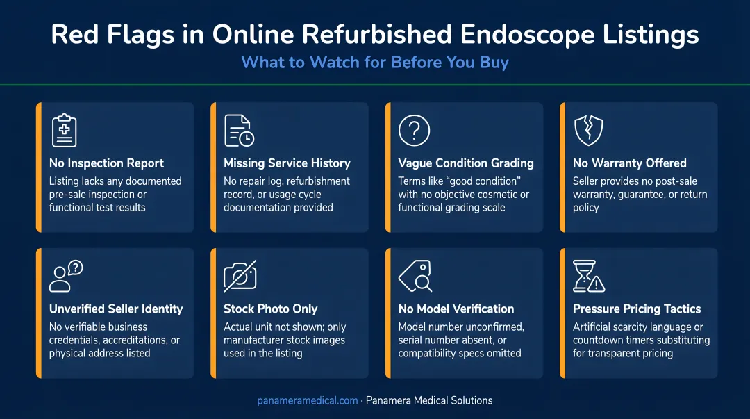 Warning signs on a questionable online refurbished product marketplace listing
