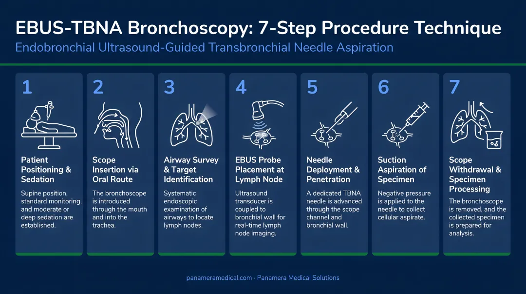 7-step EBUS-TBNA bronchoscopy procedure technique sequential process flow