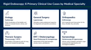 Six primary rigid endoscopy clinical use cases by medical specialty infographic