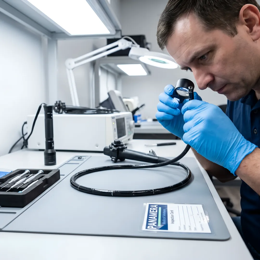 Technician repairing medical endoscope equipment