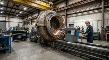Large industrial pump housing component being precision ground in a machine shop
