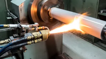 Industrial HVOF thermal spray process applying ceramic coating to steel