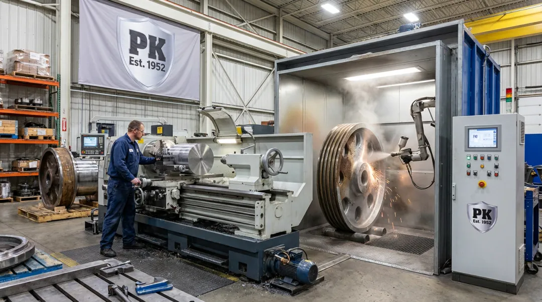 Parkway-Kew technician operating large-diameter CNC lathe with thermal spray coating equipment
