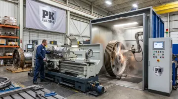 Parkway-Kew technician operating large-diameter CNC lathe with thermal spray coating equipment