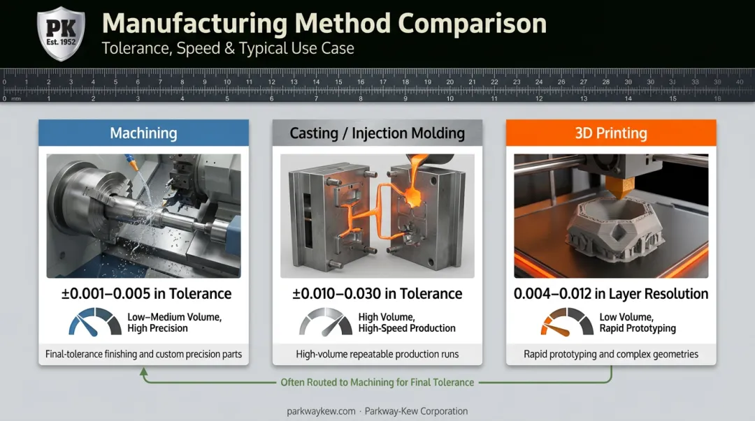 Machining versus casting and 3D printing tolerance capability comparison chart