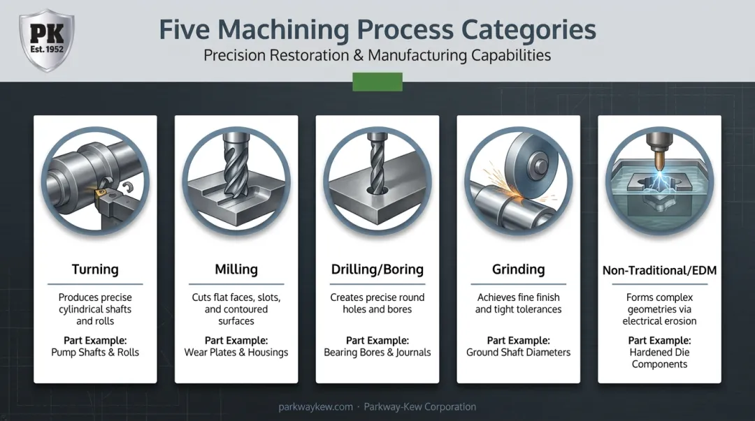 Five core machining process types turning milling drilling boring grinding EDM overview