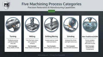 Five core machining process types turning milling drilling boring grinding EDM overview