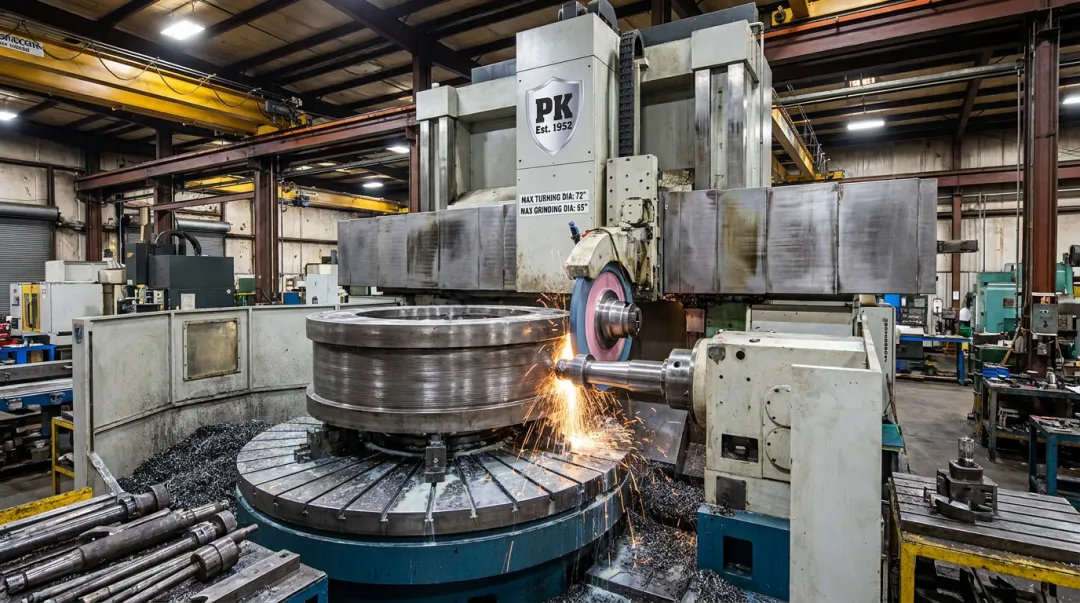 Large-diameter CNC turning and grinding equipment machining an oversized industrial component