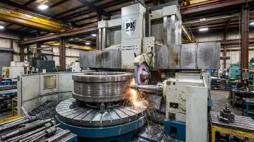 Large-diameter CNC turning and grinding equipment machining an oversized industrial component