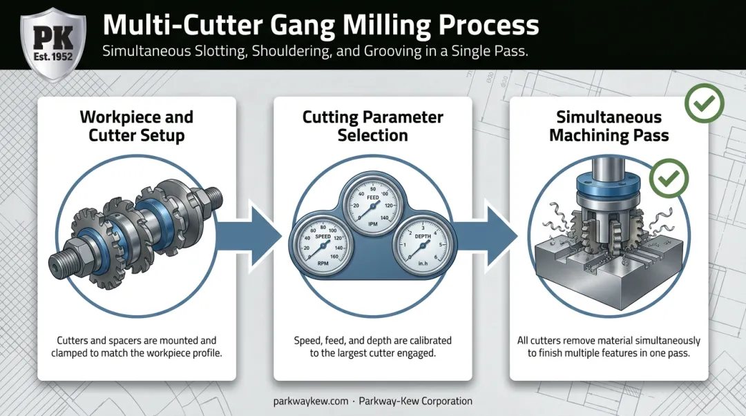 3-step gang milling process from setup to simultaneous machining pass