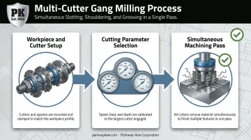 3-step gang milling process from setup to simultaneous machining pass
