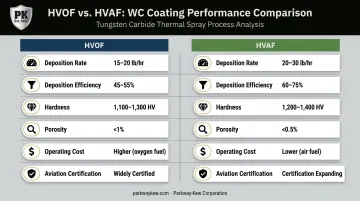 HVAF versus HVOF tungsten carbide coating process comparison infographic with key metrics