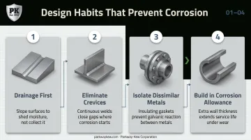 Four design principles infographic for preventing industrial corrosion failure